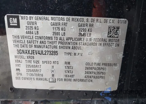 2018 Chevrolet Equinox Lt z USA, uszkodzony, nr VIN 3GNAXJEV4JL273285